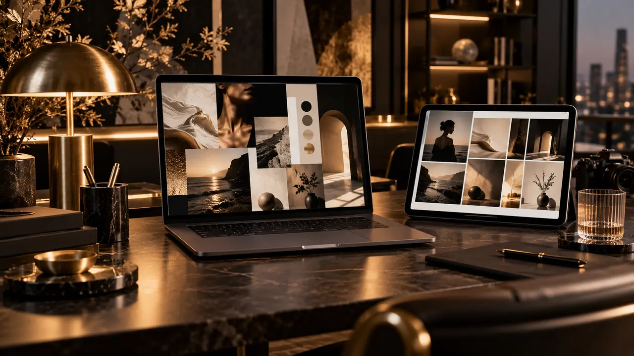 Sacko Concept creative workspace with a computer and gold-accented moodboards